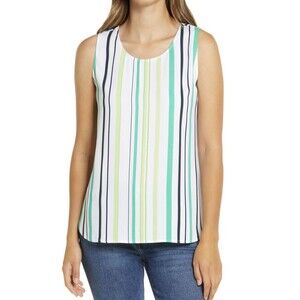 Halogen Women's Sleeveless Woven Shell Top Size L Ivory Green Graphic Striped